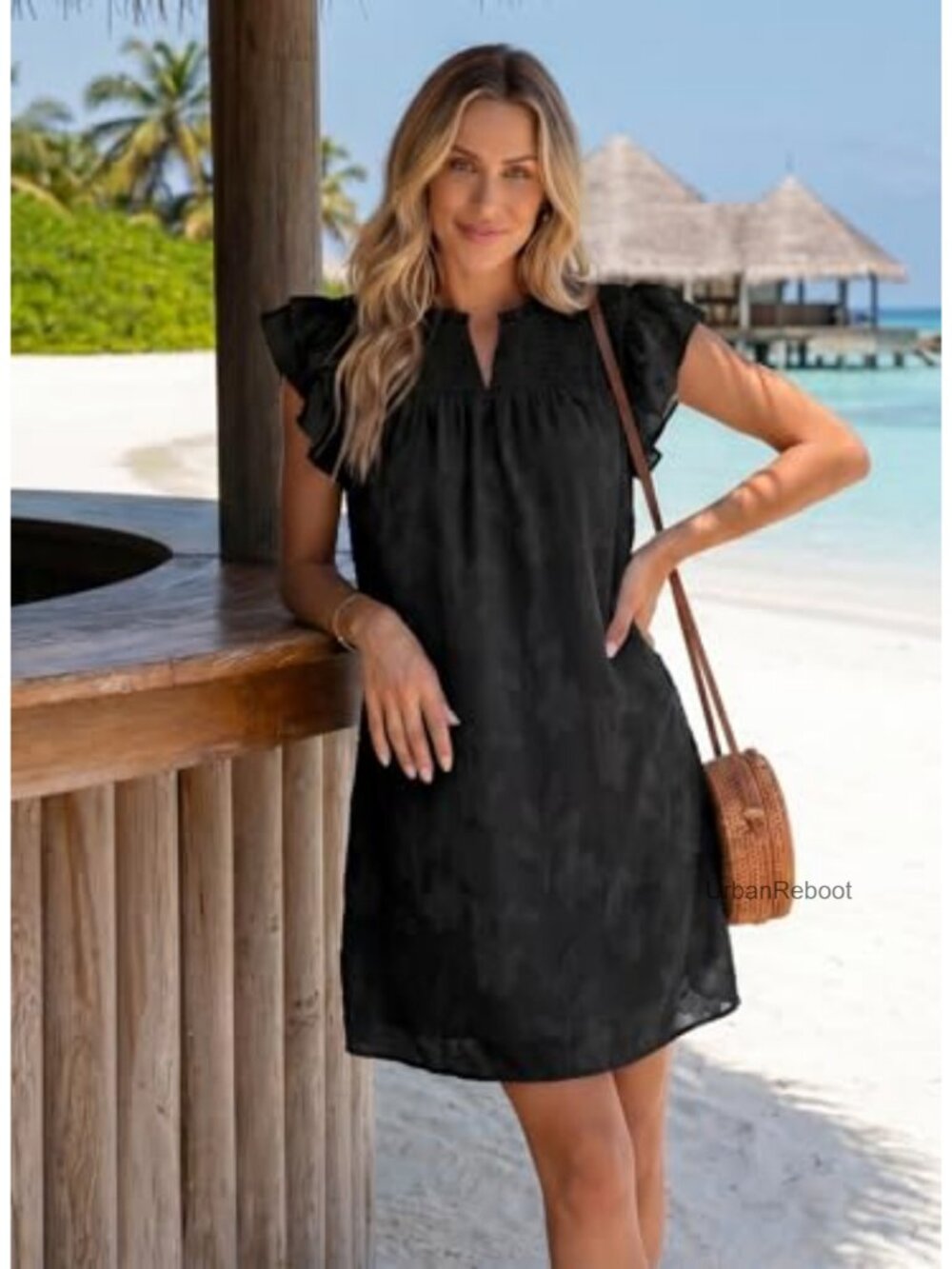 Ruffle Short Sleeve V-Neck Smocked Floral Burnout Mini Sundress - Picture 3 of 6